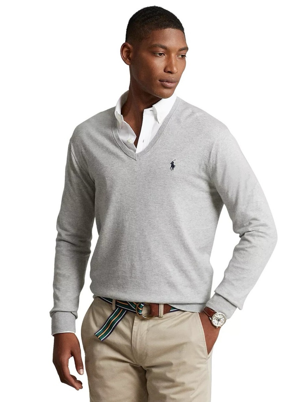 Polo Ralph Lauren 100% Pima Cotton Gray V-Neck Long Sleeve Top Sweater Pony Logo